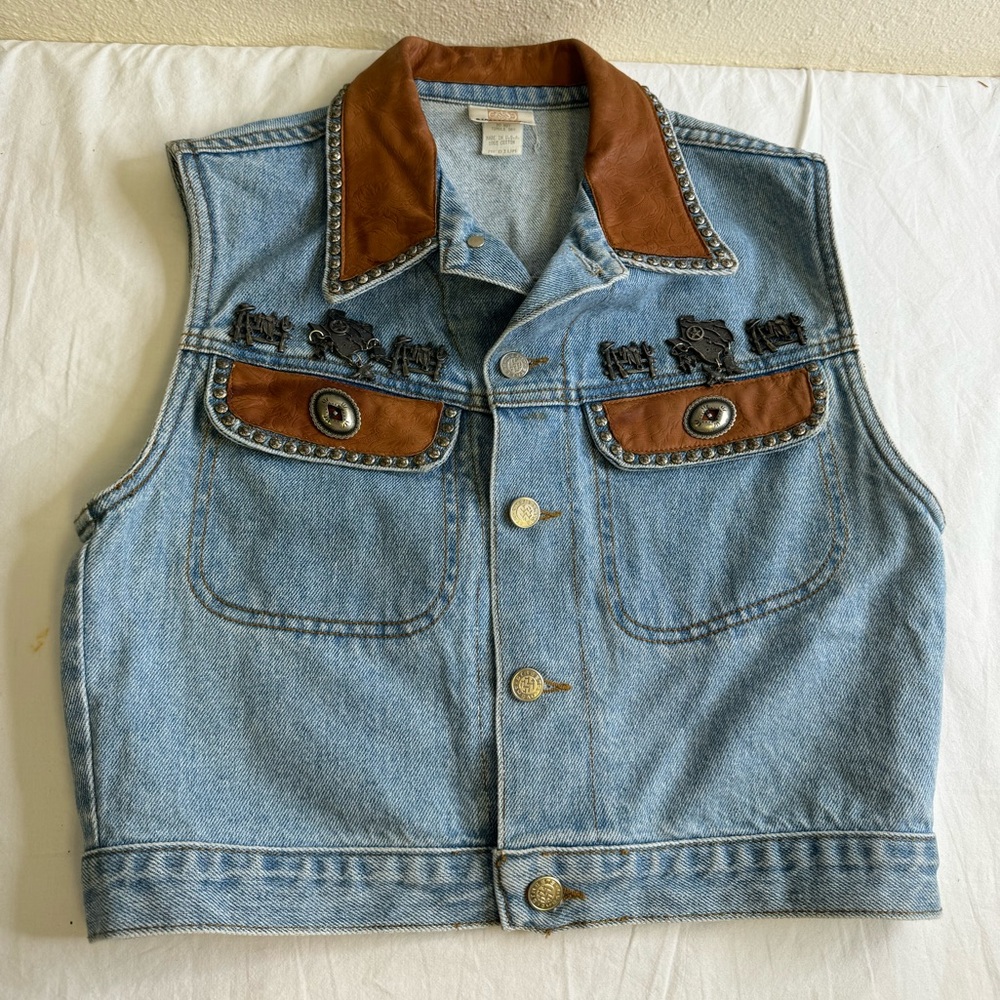 Vintage Streets Ahead Denim Jean Leather Vest Size M 100% Cotton Western Pins